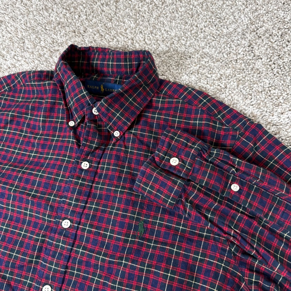 Ralph Lauren Shirt Mens Medium Red Navy Plaid Button Down Pony Long Sleeve